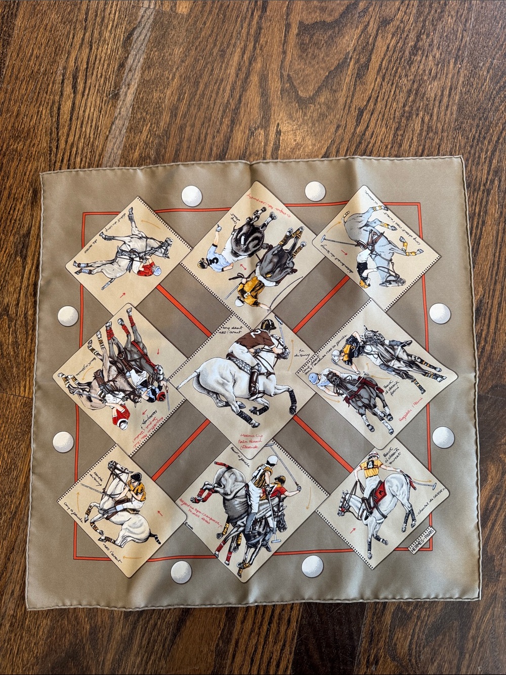 1998 HERMES CHANTAL DE CRISSEY 'LE MONDE DU POLO' 45CM POCKET SQUARE